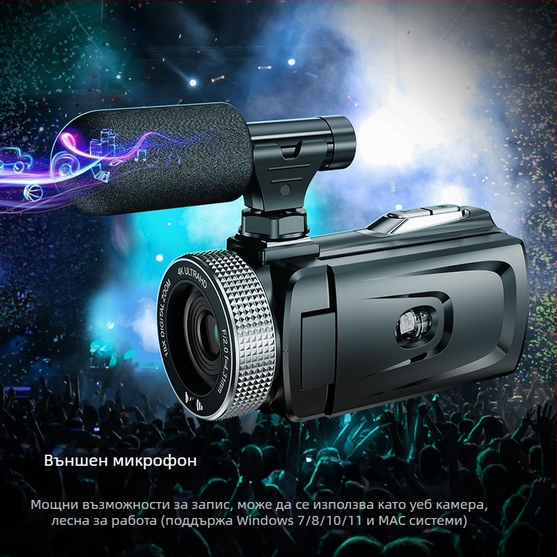 Професионална видеокамера с обръщащ се екран, 18x оптично увеличение, CMOS сензор, 1080p видеозапис, дистанционно управление