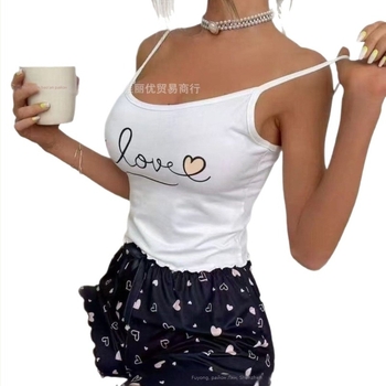 Женски пижамен комплект с мотив сърце и карикатура – Milk Silk плат, полиестер 50–70%, V-образно деколте, 3/4 ръкави, панталони, лятно домашно облекло
