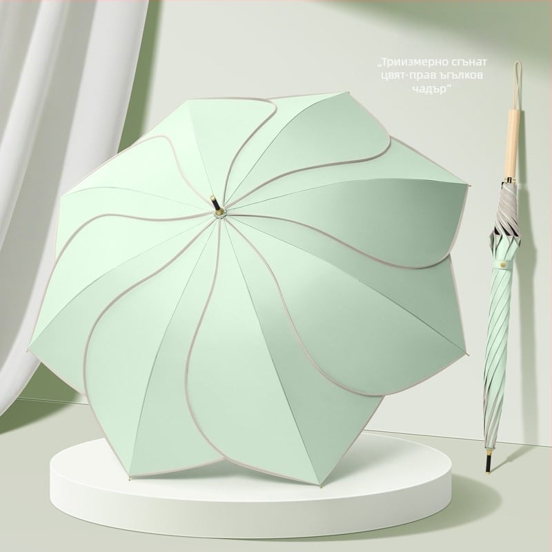 Чадър с форма на листенце, UPF 50+ UV защита, 8 ребра, Vinyl 210T плат, дълга дръжка, прът от сплав, ръкохватка от твърдо дърво, възможност за печат на лого