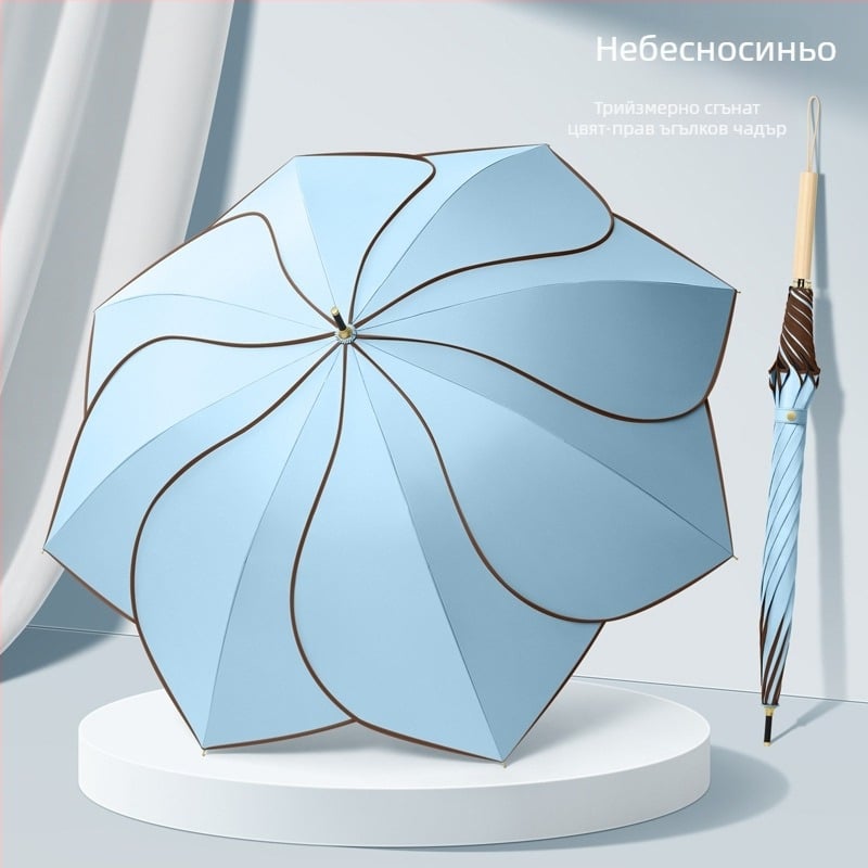 Чадър с форма на листенце, UPF 50+ UV защита, 8 ребра, Vinyl 210T плат, дълга дръжка, прът от сплав, ръкохватка от твърдо дърво, възможност за печат на лого
