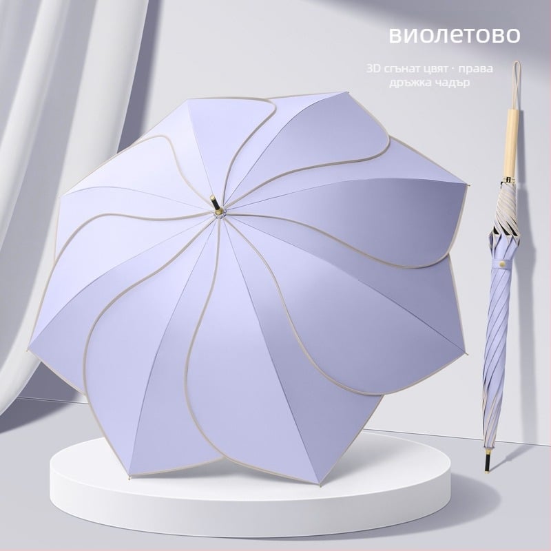 Чадър с форма на листенце, UPF 50+ UV защита, 8 ребра, Vinyl 210T плат, дълга дръжка, прът от сплав, ръкохватка от твърдо дърво, възможност за печат на лого