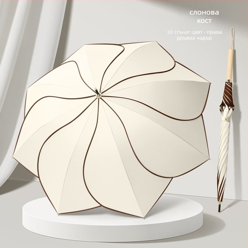 Чадър с форма на листенце, UPF 50+ UV защита, 8 ребра, Vinyl 210T плат, дълга дръжка, прът от сплав, ръкохватка от твърдо дърво, възможност за печат на лого