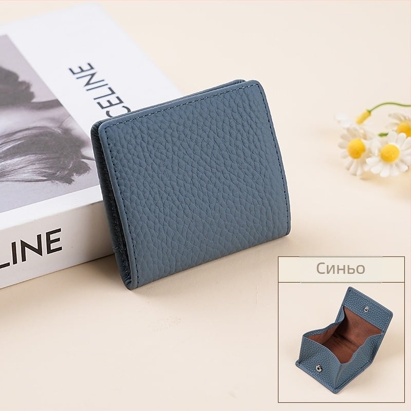 Мини монетник от първи слой телешка кожа, текстура лити, унисекс, подплатен със супер влакна, летна колекция 2025