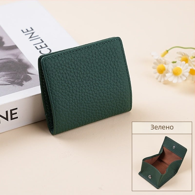 Мини монетник от първи слой телешка кожа, текстура лити, унисекс, подплатен със супер влакна, летна колекция 2025