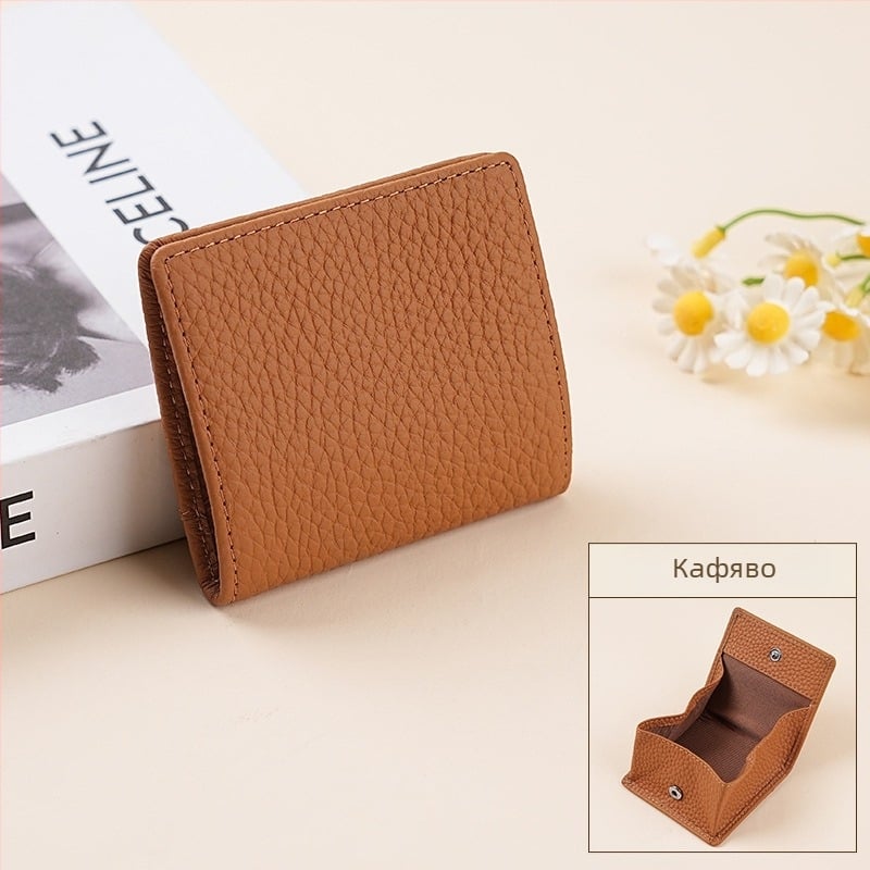 Мини монетник от първи слой телешка кожа, текстура лити, унисекс, подплатен със супер влакна, летна колекция 2025