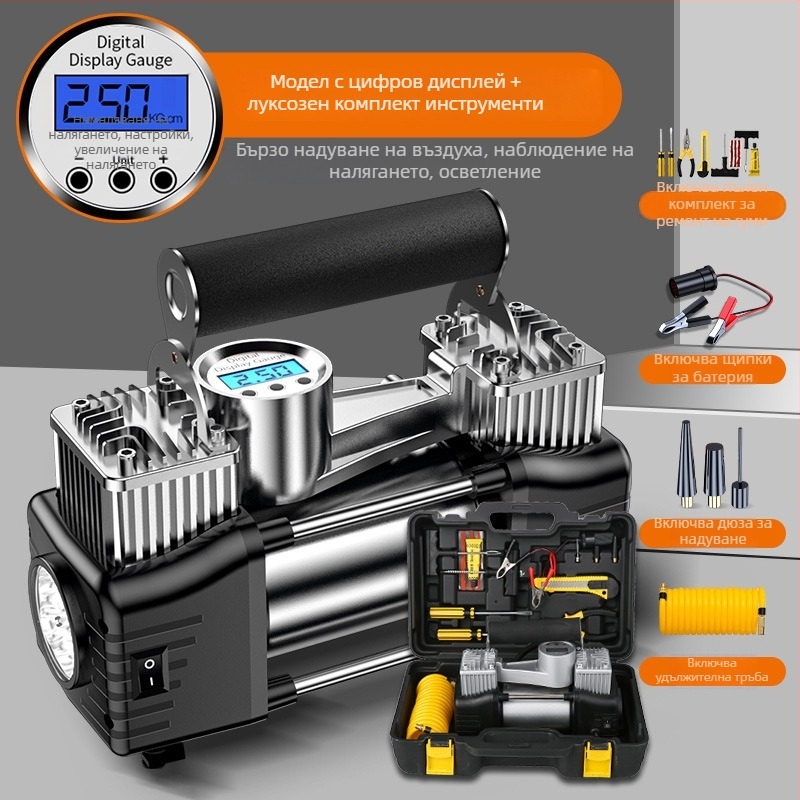 Преносима двуцилиндрова автомобилна помпа за гуми, 12V, 180W, 45 L/min, цифров дисплей
