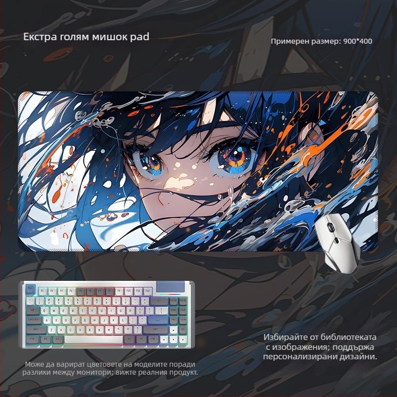 Гейминг настолна подложка за мишка и клавиатура с дизайн на аниме око, противохлъзгаща, гума + текстил, с подпора за китка, термопрена и персонализиран печат