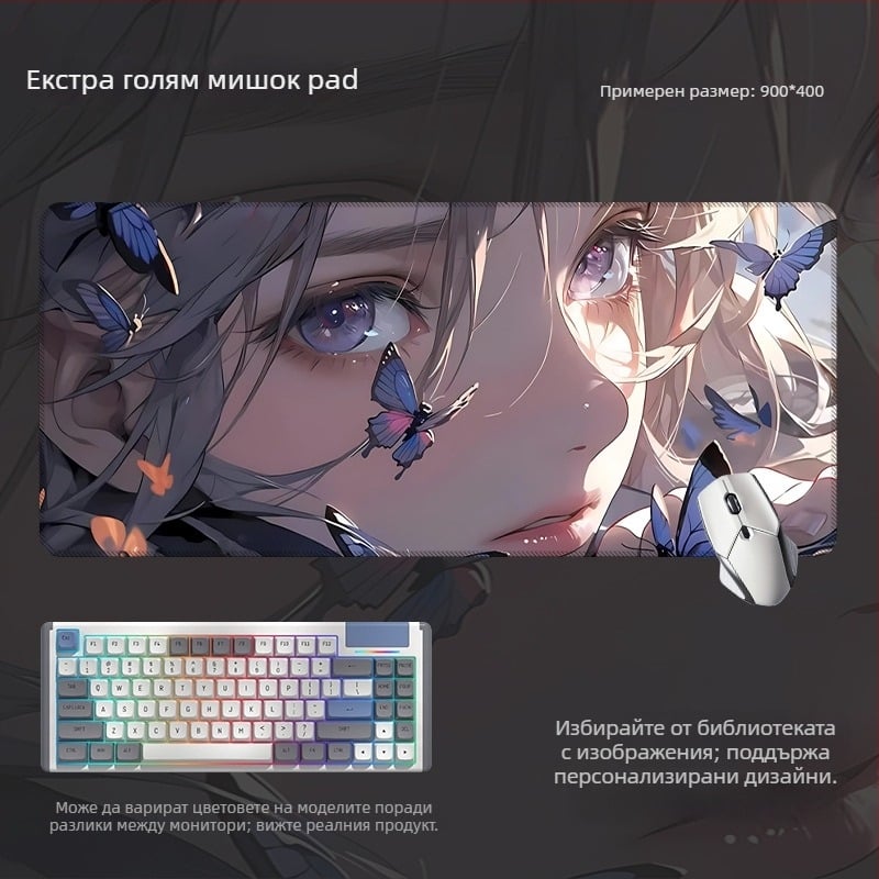 Гейминг настолна подложка за мишка и клавиатура с дизайн на аниме око, противохлъзгаща, гума + текстил, с подпора за китка, термопрена и персонализиран печат