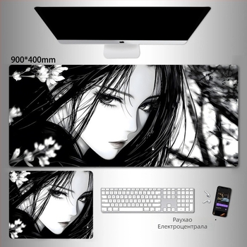 Голяма гейминг подложка за мишка с дизайн от аниме серия и стил туш древна живопис; естествена гума, антихлъзгаща повърхност, едностранна.