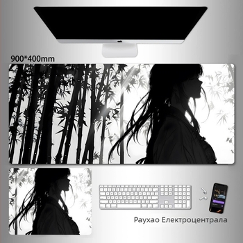 Голяма гейминг подложка за мишка с дизайн от аниме серия и стил туш древна живопис; естествена гума, антихлъзгаща повърхност, едностранна.