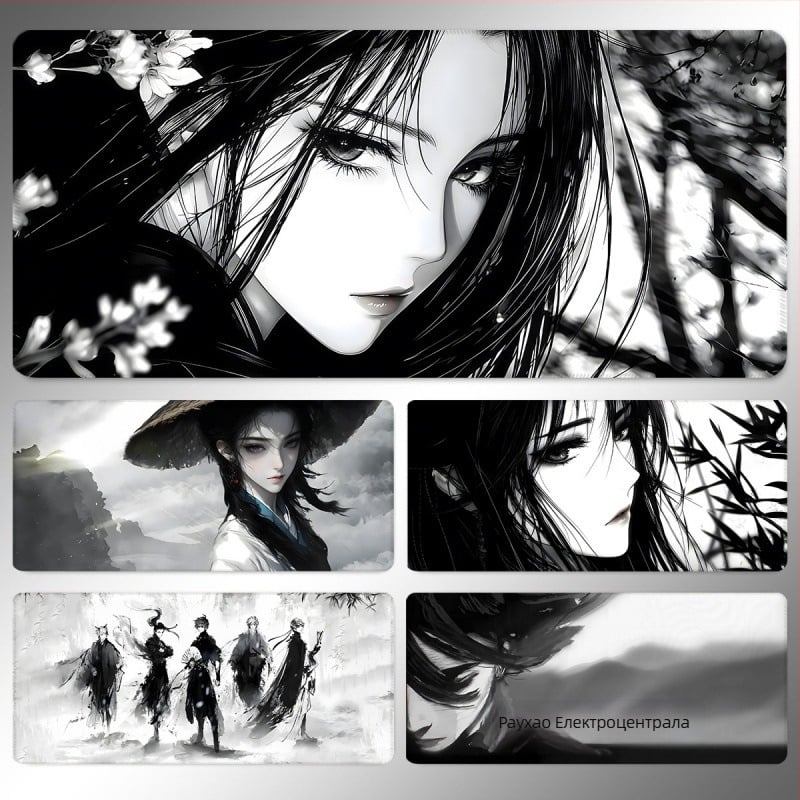 Голяма гейминг подложка за мишка с дизайн от аниме серия и стил туш древна живопис; естествена гума, антихлъзгаща повърхност, едностранна.