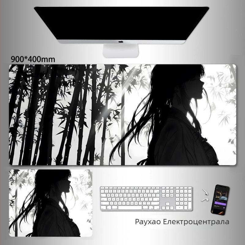 Голяма гейминг подложка за мишка с дизайн от аниме серия и стил туш древна живопис; естествена гума, антихлъзгаща повърхност, едностранна.