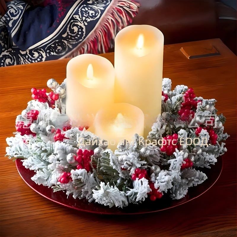 Haoyang пластмасова коледна венец с пухкаво покритие и настолен мини свещник — опаковка PP торба, марка Haoyang, IP лицензия: Няма