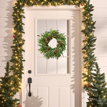 Венец за врата с борови шишарки и светлини (пластмасов, ръчна изработка, американски стил)