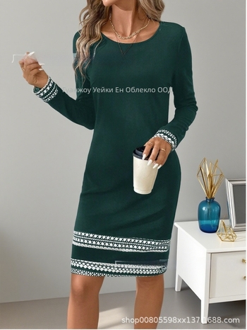 Рокля с дълъг ръкав и кръгла яка – геометричен принт, елегантен стил, полиестер (Полиестер; Геометричен принт; Кръгла яка; Дълъг ръкав; Средна дължина)