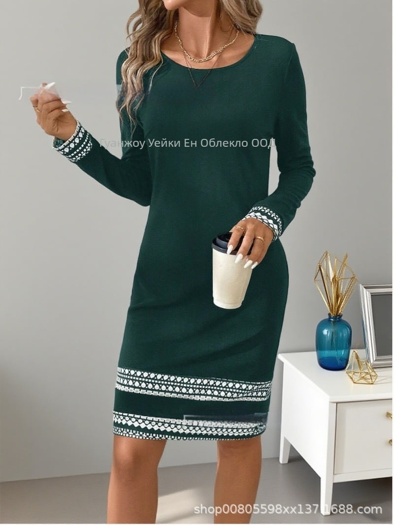 Рокля с дълъг ръкав и кръгла яка – геометричен принт, елегантен стил, полиестер (Полиестер; Геометричен принт; Кръгла яка; Дълъг ръкав; Средна дължина)