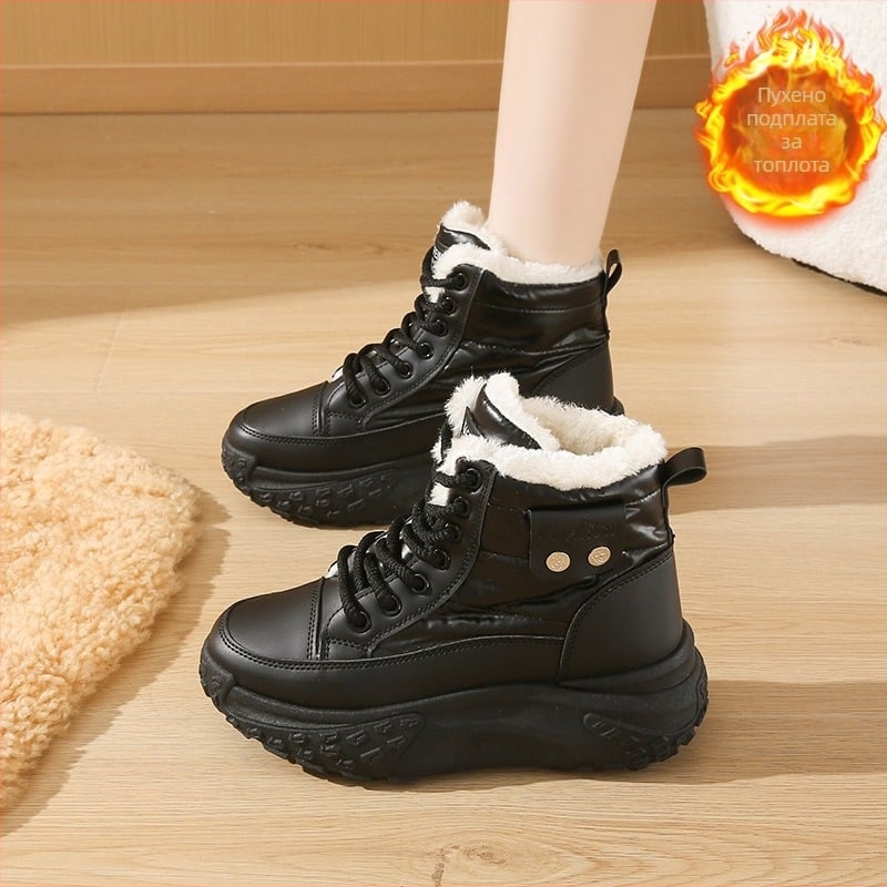 Дамски пухено подплатени високи снегоботи, горен материал: изкуствена кожа, гумена подметка, кръгла пръст, нисък крачол, slip-on, за зима