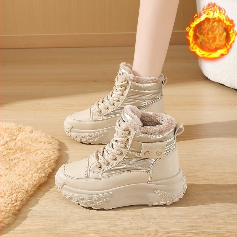 Дамски пухено подплатени високи снегоботи, горен материал: изкуствена кожа, гумена подметка, кръгла пръст, нисък крачол, slip-on, за зима
