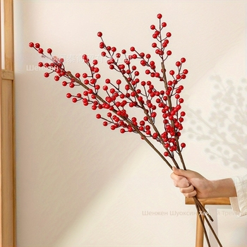 Изкуствена украса с плодове за сватби и домашен декор (Материал: пластмаса; Изработка: друго; Разновидност: червено дълго клонче зимно зелени плодове; Назначение: сватби, външна фотосесия, реквизит за фотография, домашен декор)