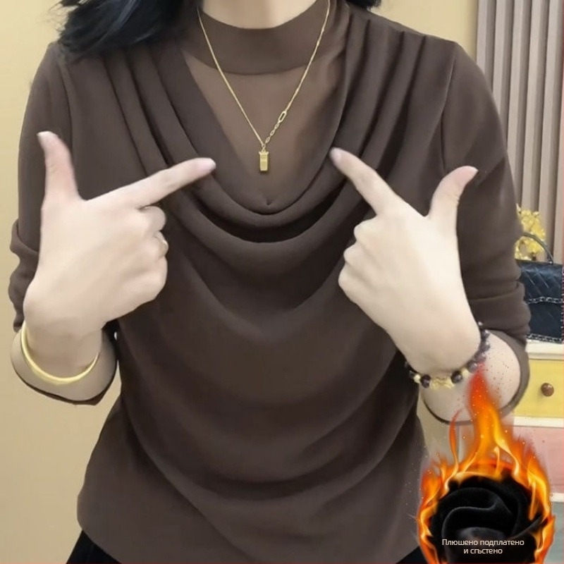 Дамска блуза с дантела и полиестер (95%+), дълъг ръкав, плисирани детайли, урбан стил, регулярен дължина