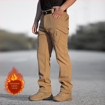 Тактически панталони за открито с подплата от полар, едноцветни, зима-есен, мъжки; материал: композитен полар; функция: топлина