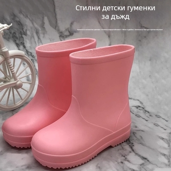 Дъждовни ботуши за деца – PVC, водоустойчиви и противохлъзгащи, с плосък ток, нисък крачол, солиден дизайн, унисекс, за деца 7–12 години