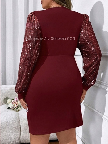 Вечерна рокля с дълбоко V-образно деколте, дълги ръкави, средна дължина, полиестер 95%+, европейски и американски стил