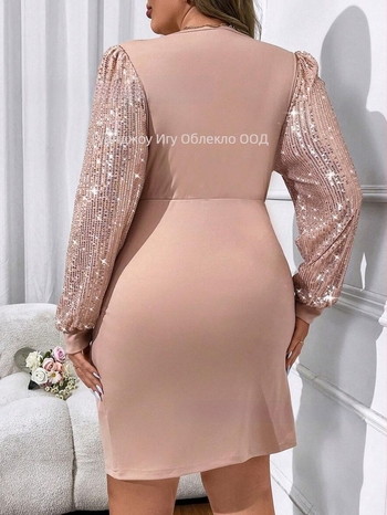 Вечерна рокля с дълбоко V-образно деколте, дълги ръкави, средна дължина, полиестер 95%+, европейски и американски стил