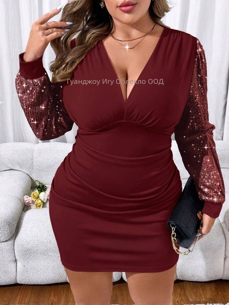 Вечерна рокля с дълбоко V-образно деколте, дълги ръкави, средна дължина, полиестер 95%+, европейски и американски стил