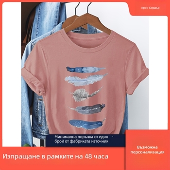Женска тениска с кръгло деколте, свободна кройка, детайл с пеперуден възел, художествен принт по рисунка, чист памук, термопринт