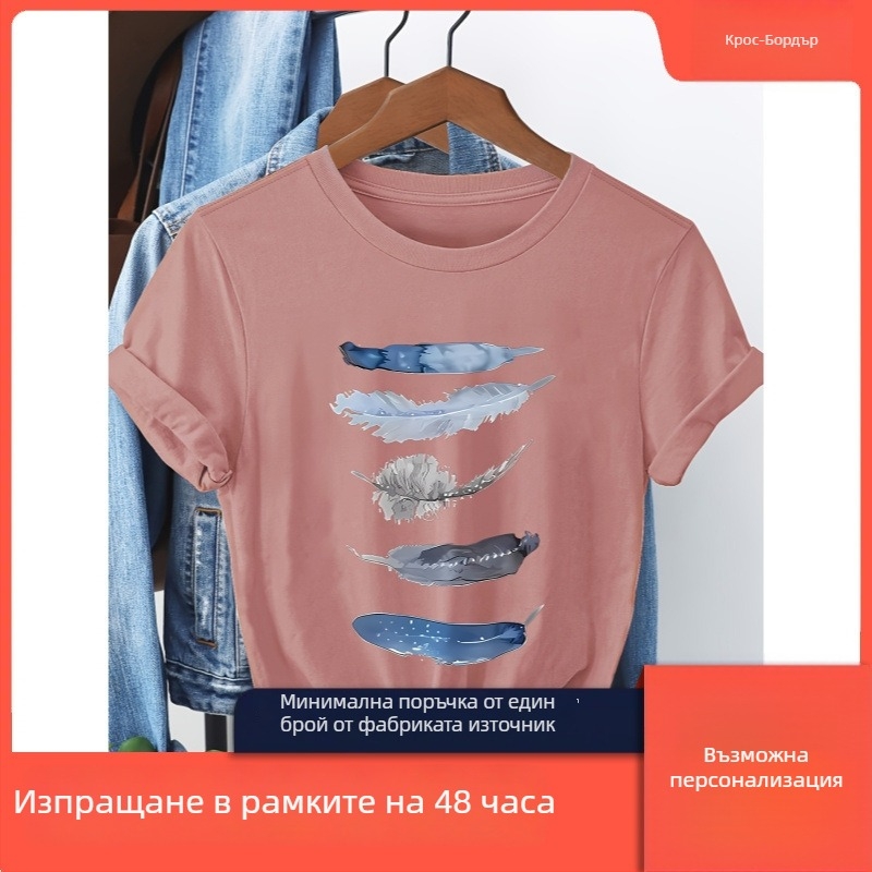 Женска тениска с кръгло деколте, свободна кройка, детайл с пеперуден възел, художествен принт по рисунка, чист памук, термопринт