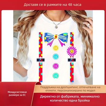 Дамска тениска с цветна панделка и принт на точки, памук, къси ръкави, кръгло деколте, топлинно щамповане, ежедневен стил, лято 2025