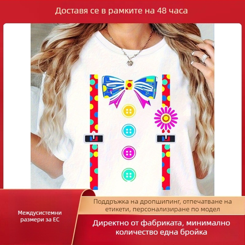 Дамска тениска с цветна панделка и принт на точки, памук, къси ръкави, кръгло деколте, топлинно щамповане, ежедневен стил, лято 2025