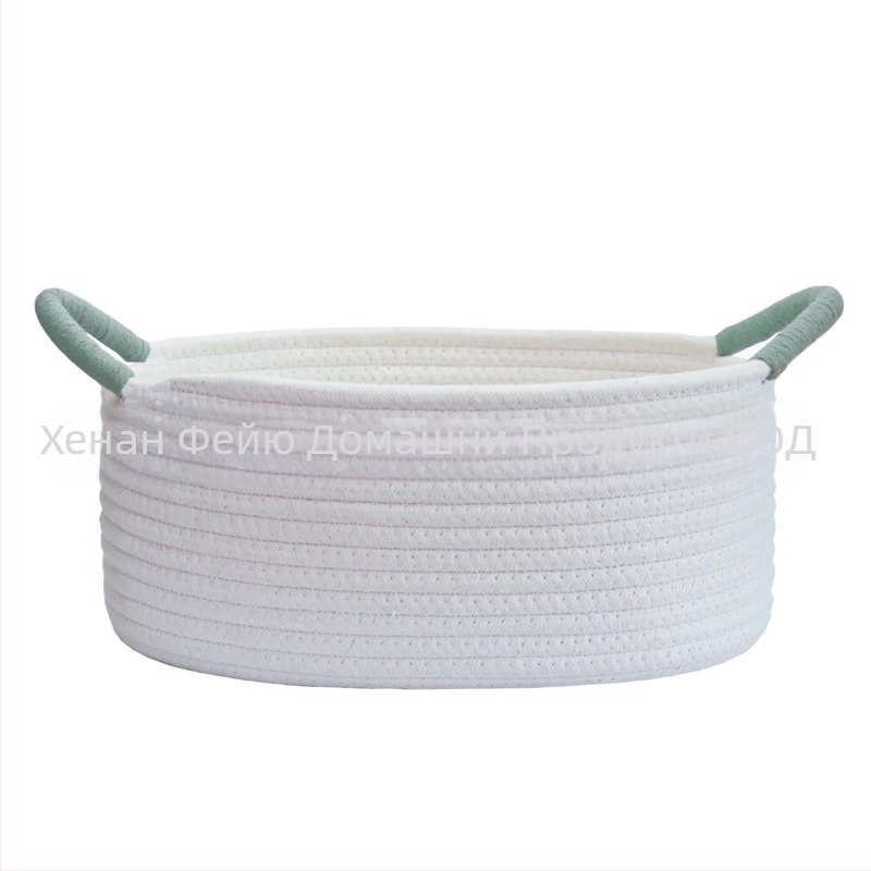 Домашен кош за съхранение с овална форма, изработен от памучно въже, с обвита ръкохватка, пасторален стил, марка Flying feather, подходящ за играчки за домашни любимци и малки вещи