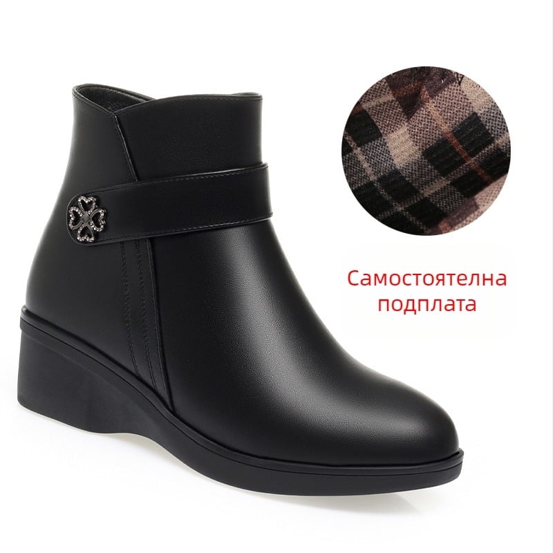 Зимни ботуши с висока горна част и клиновиден ток 3-5 см, PU горна част, плюшена подплата за топлина