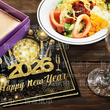 Двупластови хартиени салфетки за Нова година, мотив венец и шампанско, 20 листа, целулоза от сурова дървесина, печатано лого, първокласно качество