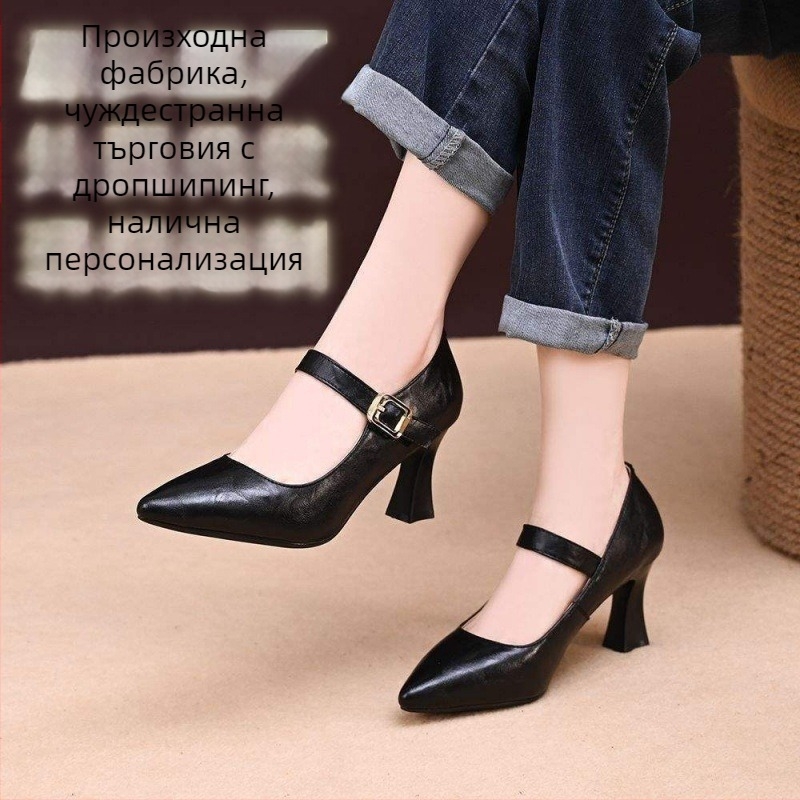 Дамски обувки на ток с остър нос, PU горна част, дебел ток 3-6 cm, slip-on дизайн, корейски стил