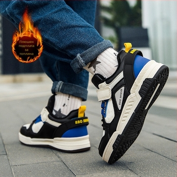 Детски спортни обувки с дебела подметка, лепенка за закопчаване, горна част от имитационна кожа, средна височина, подметка TPR (проветряващи, топли, издръжливи)