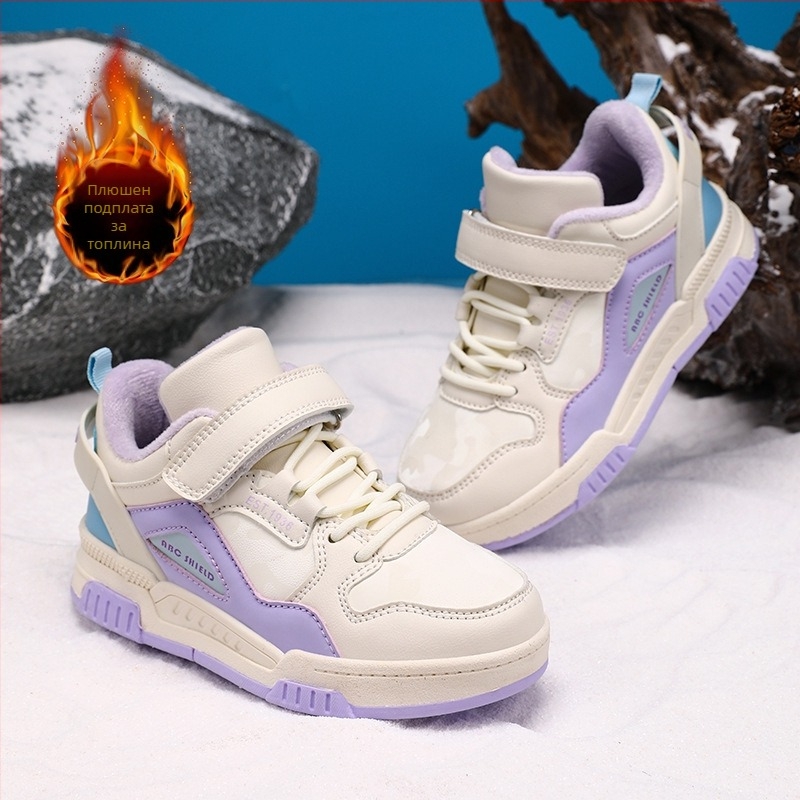 Детски спортни обувки с дебела подметка, лепенка за закопчаване, горна част от имитационна кожа, средна височина, подметка TPR (проветряващи, топли, издръжливи)