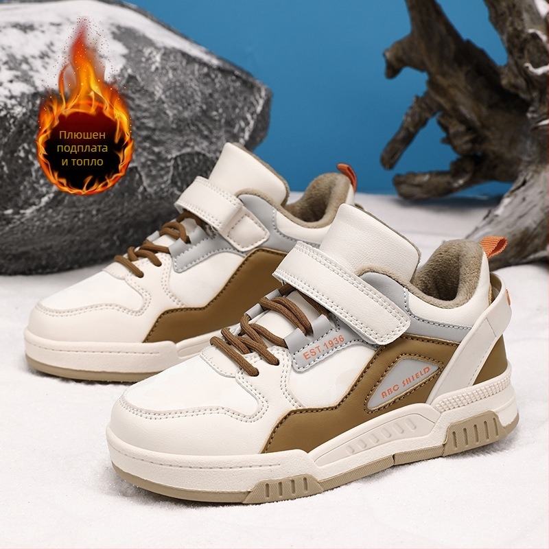 Детски спортни обувки с дебела подметка, лепенка за закопчаване, горна част от имитационна кожа, средна височина, подметка TPR (проветряващи, топли, издръжливи)