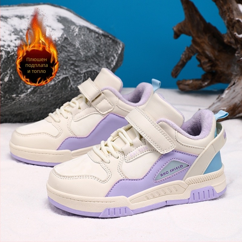 Детски спортни обувки с дебела подметка, лепенка за закопчаване, горна част от имитационна кожа, средна височина, подметка TPR (проветряващи, топли, издръжливи)