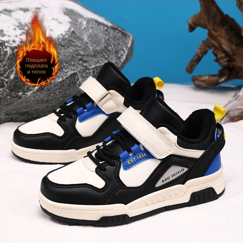 Детски спортни обувки с дебела подметка, лепенка за закопчаване, горна част от имитационна кожа, средна височина, подметка TPR (проветряващи, топли, издръжливи)