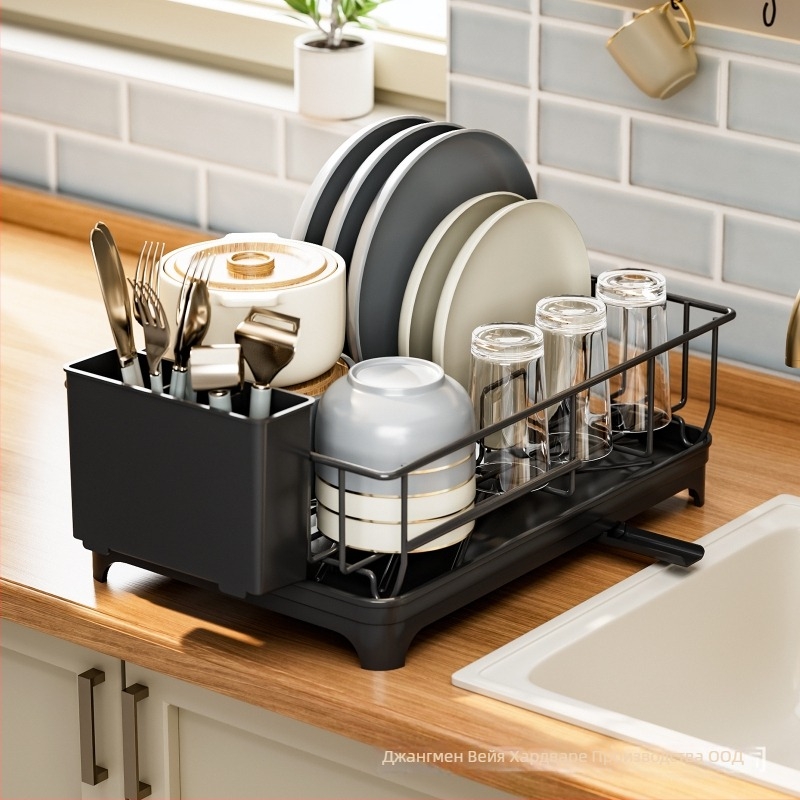 Кухненски дренажен рафт за мивка, метална телена конструкция, подова стойка, мултифункционално решение за съдове, без монтаж, модел SF-WD12, модерен минималистичен стил