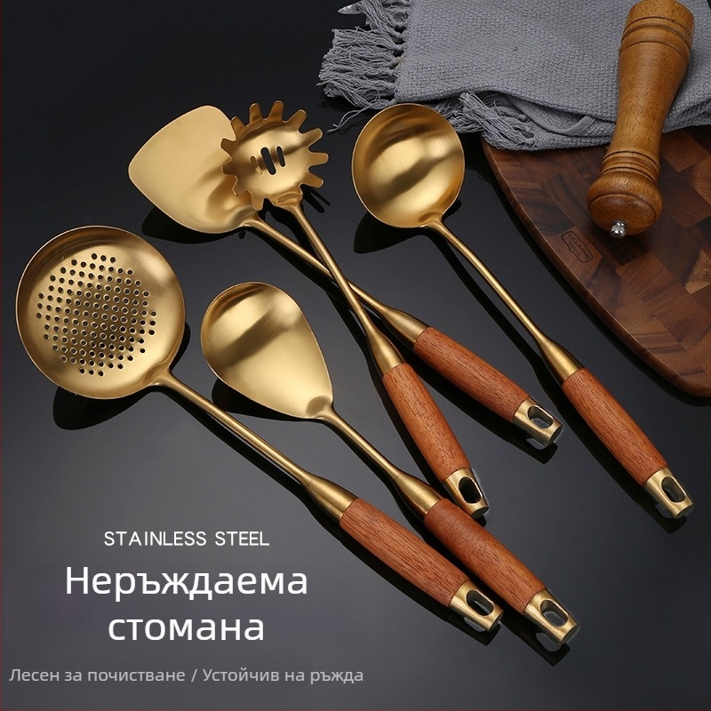 Комплект лопатки и лъжици от неръждаема стомана 304 с дървени дръжки от круша – висока температурна устойчивост, антиизгаряне, за готвене и сервиране