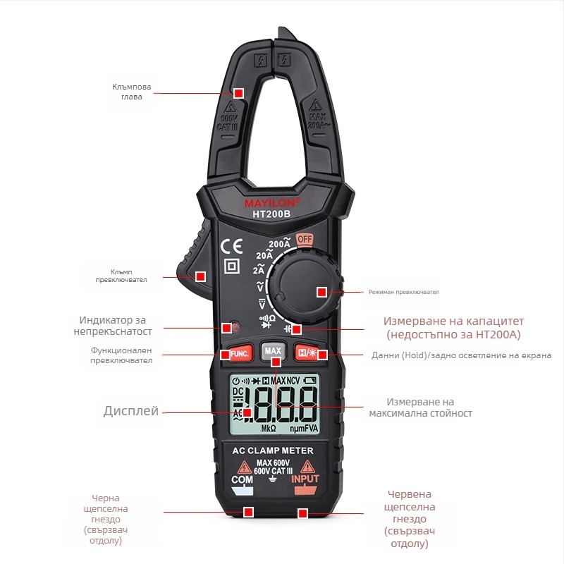 Дигитален кламп-мултицет HT200A/HT200B; диапазон на напрежение 0-750 V; ток до 600 A; съпротивление до 40 mΩ; отваряне на щипката 25 mm