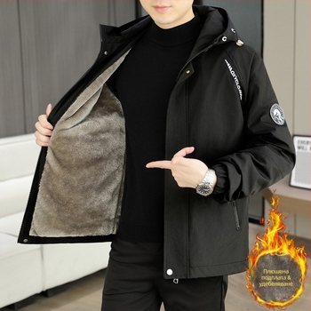 Мъжко яке с качулка, свободен силует, цип, зимно плътно полиестрово яке