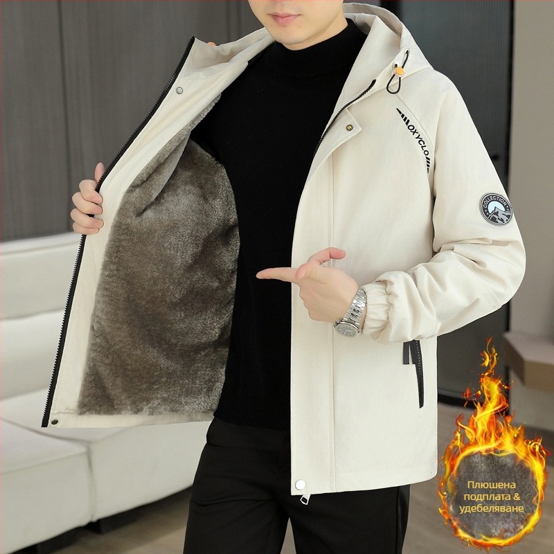 Мъжко яке с качулка, свободен силует, цип, зимно плътно полиестрово яке