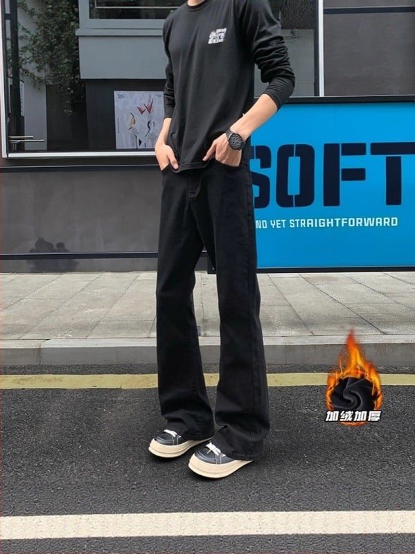 Мъжки дънки, памучен деним, свободна кройка, среден талия, копче за закопчаване, средна еластичност