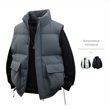 Мъжки дебело подплънен памучен жилет със стояща яка, свободен силует, без ръкави, ветроустойчив, джобове с 3D патч