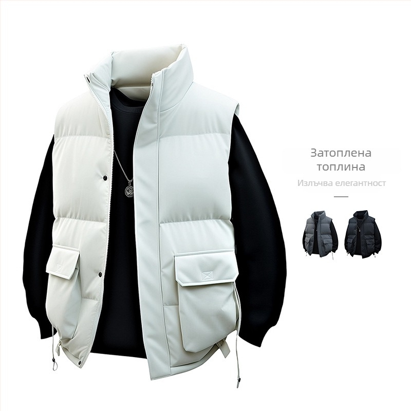 Мъжки дебело подплънен памучен жилет със стояща яка, свободен силует, без ръкави, ветроустойчив, джобове с 3D патч